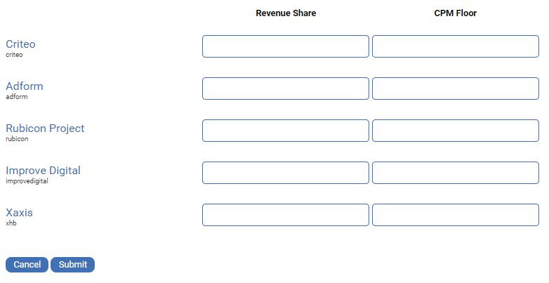 Headbidder.net Floor Price and Revenue Share setup.